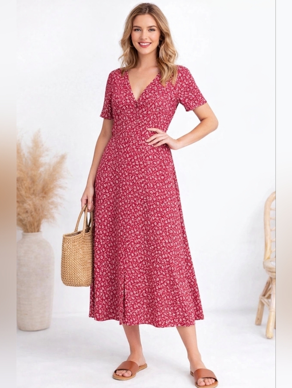 Saks Fifth Avenue Red Ditsy Floral Midi Dress V Neck Tie Back Boho Size 2